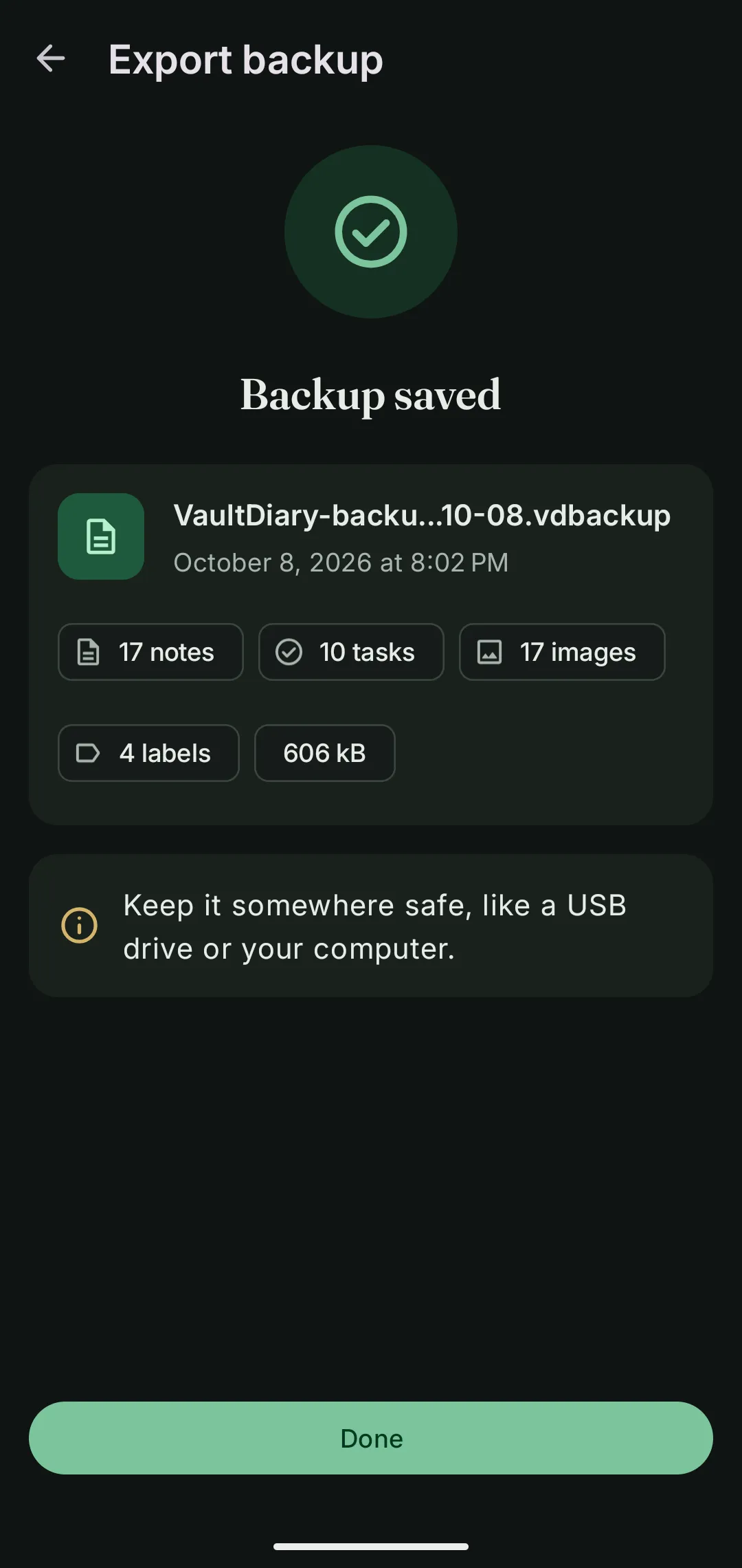Backup saved screen with counts of notes, tasks and images
