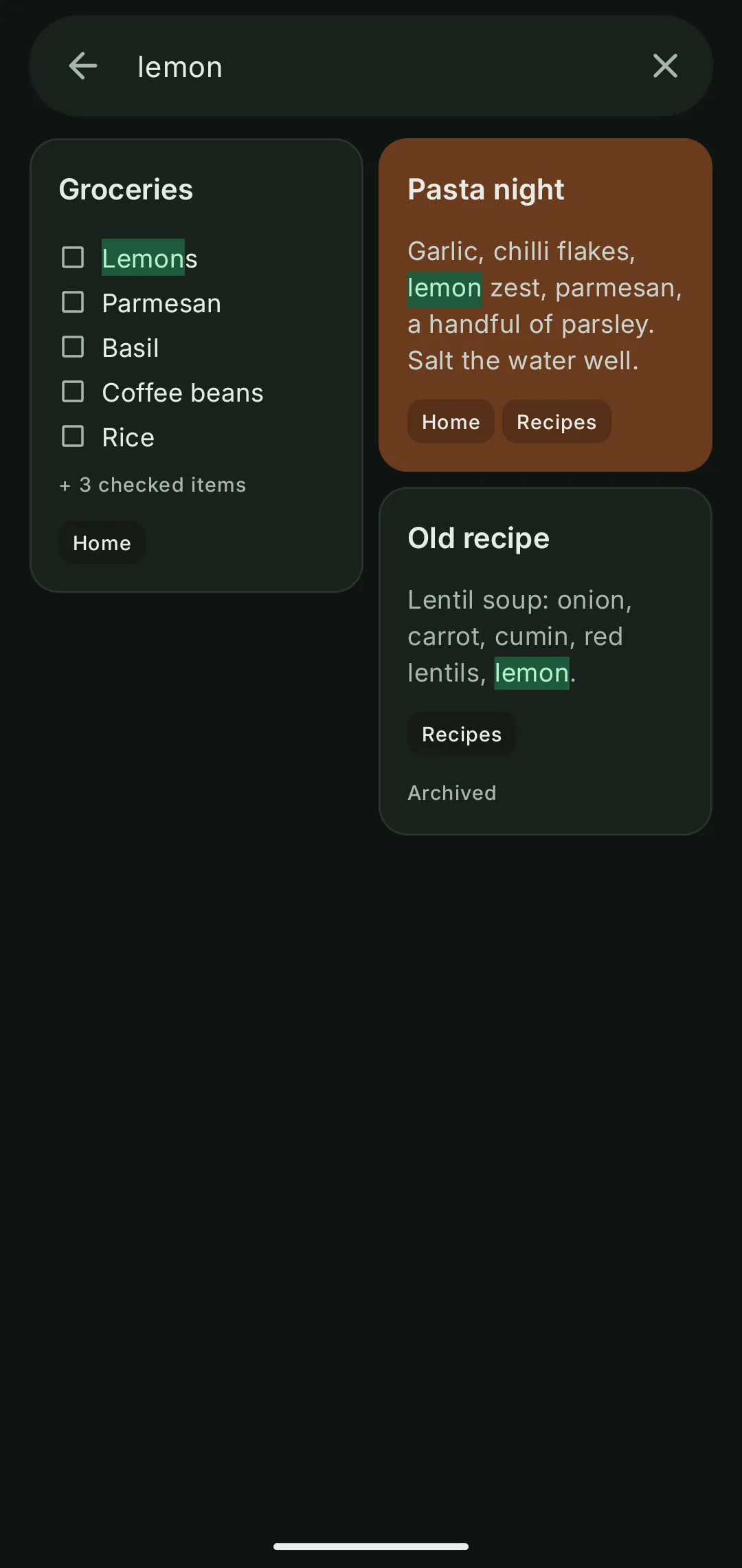 Search results with highlighted matches